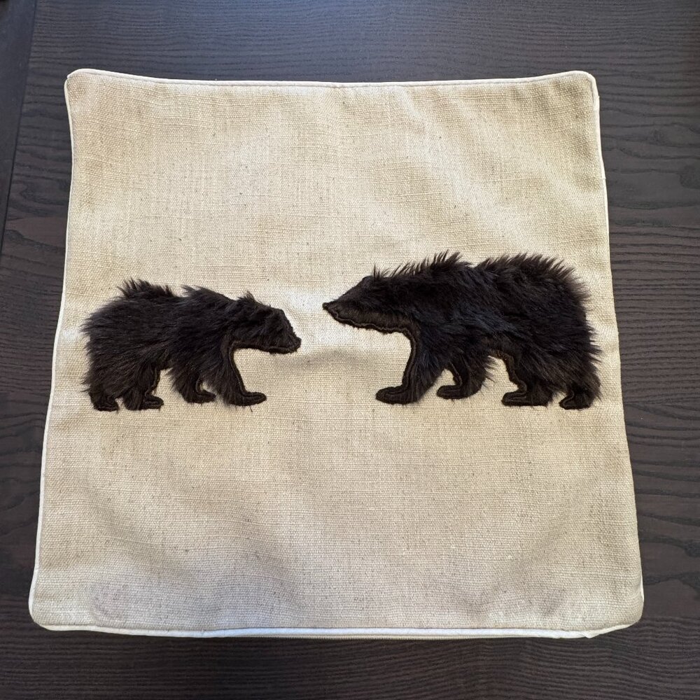 Accent Pillow Cushion Cover Furry Plush Brown Bears Weaved Beige Fabric *read*